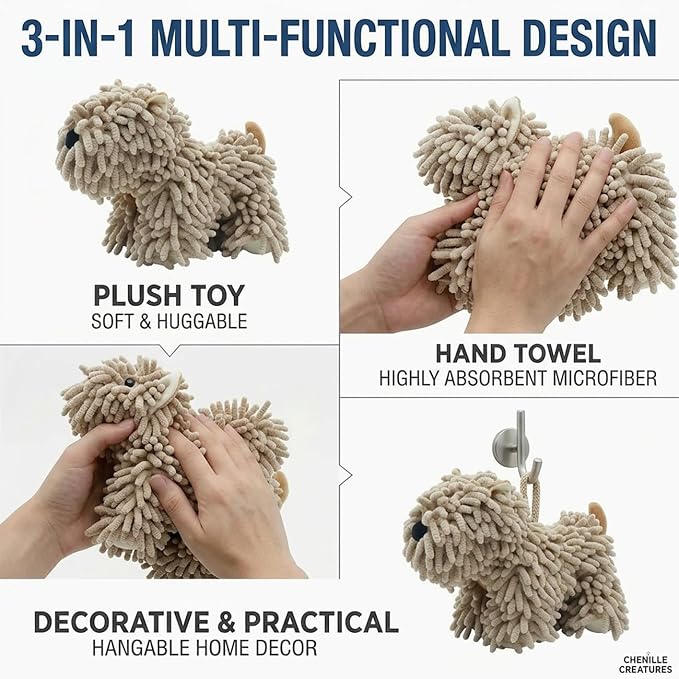 Cute Dog Chenille Hand Towel, 3D Puppy Hangable Fuzzy Ball Hand Towel Microfiber Super Soft Absorbent Bathroom & Kitchen Towels with Hanging Loop, Can Be Placed on the Sink Countertop (Khaki+Pink)