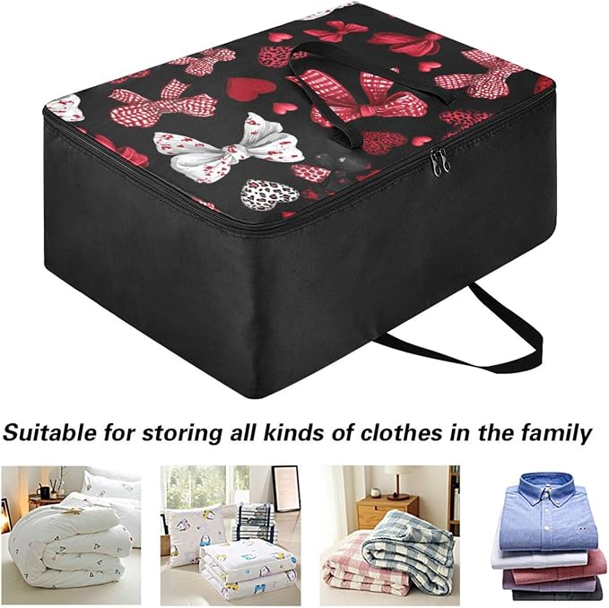 Comforter Storage Bags Large Folding Blanket Organizer Bag with Strong Handles Clear Window Closet Storage Containers for Clothes King Queen Pillows Bedding Quilt Duvet Red Bows Hearts