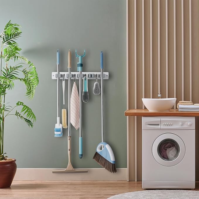 OUTNILI Mop and Broom Holder Wall Mount - White Broom Mop Hanger - Wall Mounted Garden Tool Rack Organizer for Closet Garage Laundry Room Kitchen Decor With 5 Slots & 4 Hooks