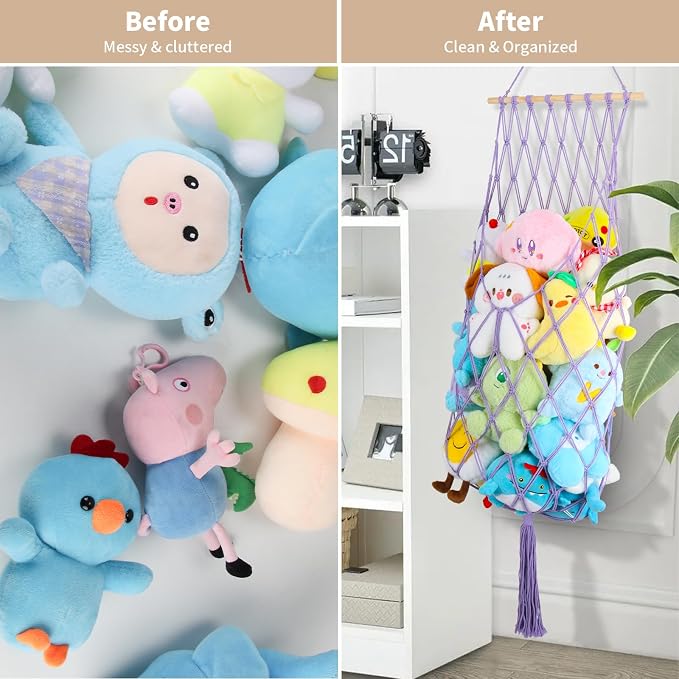 68 Inch Stuffed Animal Storage Net Corner Stuffy Hammock,Purple | Boho Macrame Large Toy Hammock for Stuffed Animals Organizer,Wall Ceiling Over Door Stuffy Storage Holder,Nursery Room Decor