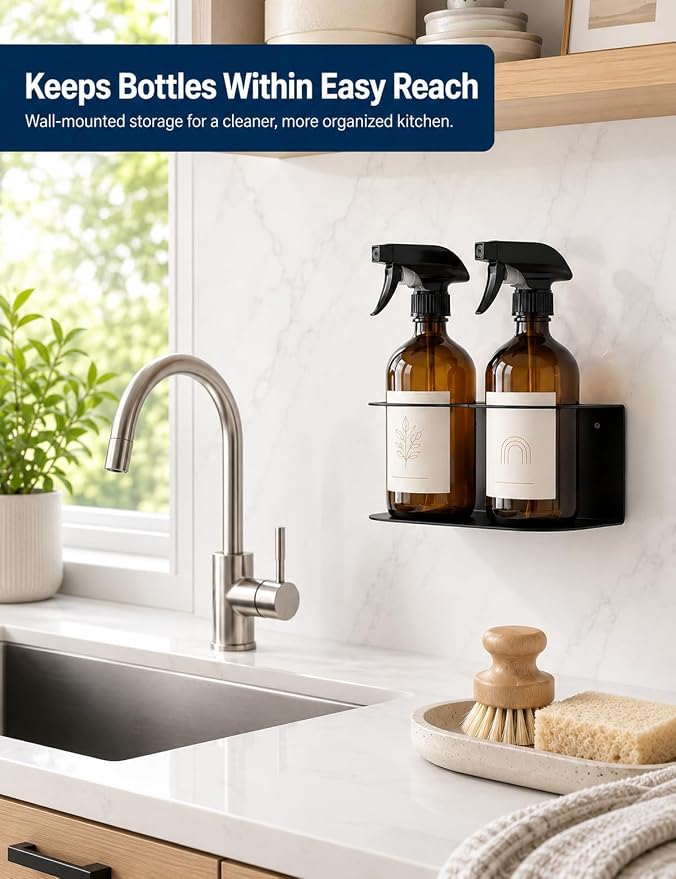 2 Pack Spray Bottle Holder Wall Mount, Steel Easy Install with Hardware | Heavy Duty Metal Spray Can Rack Organizer with Double Holes, Multi-Purpose Bottle Storage Shelf for Garage, Home & Workspace
