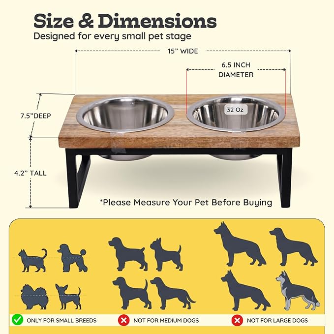 Elevated Dog Bowls, 4.5” Small Dogs/Cats Only Raised Bowl Mango Wood Stand, Food & Water 2 Stainless Steel Dishes Each 32oz/4Cup Capacity, Non-Slip Pet Feeder Station in Brown, toy Breeds