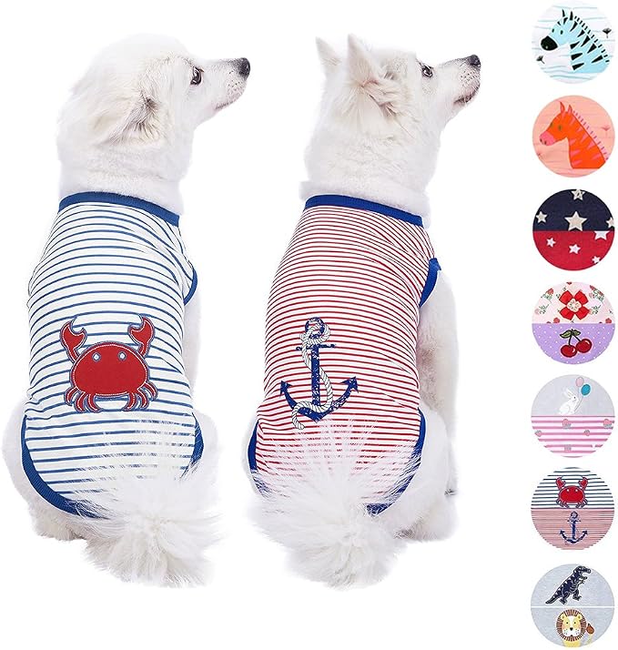 Blueberry Pet Soft & Comfy Summer Vacation Beach Cotton Dog T-Shirts, 2 Pack, Sunshine Sea Lover Striped Shirts Tank Top Clothes, Back Length 10", for Small Dogs