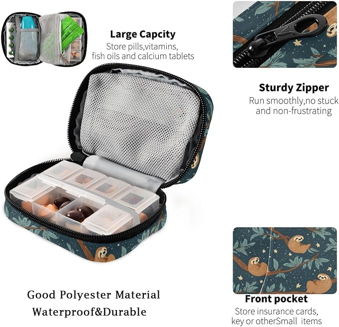 Fustylead Cute Brown Sloths on Branch and Stars Travel Pill Organizer Case Zipper for Purse with Removable Weekly Pill Box for Medicine, Vitamin, Supplement Medicine Organizer