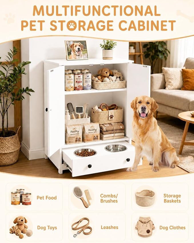 Dog Feeding Station with Storage Cabinet, Hidden Pull-Out Drawer | Metal Slide Rail, White Pet Food Storage Cabinet, 2 Elevated Bowls, Adjustable Shelf & 3 Hooks for Leashes, Collars, Toys