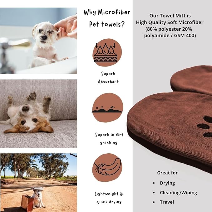 Penny & Niko Microfiber Pet Towel Mitts - Paw Cleaning and Drying Mitts/Gloves for Dogs and Cats (Brown, Standard - 4 Pack)