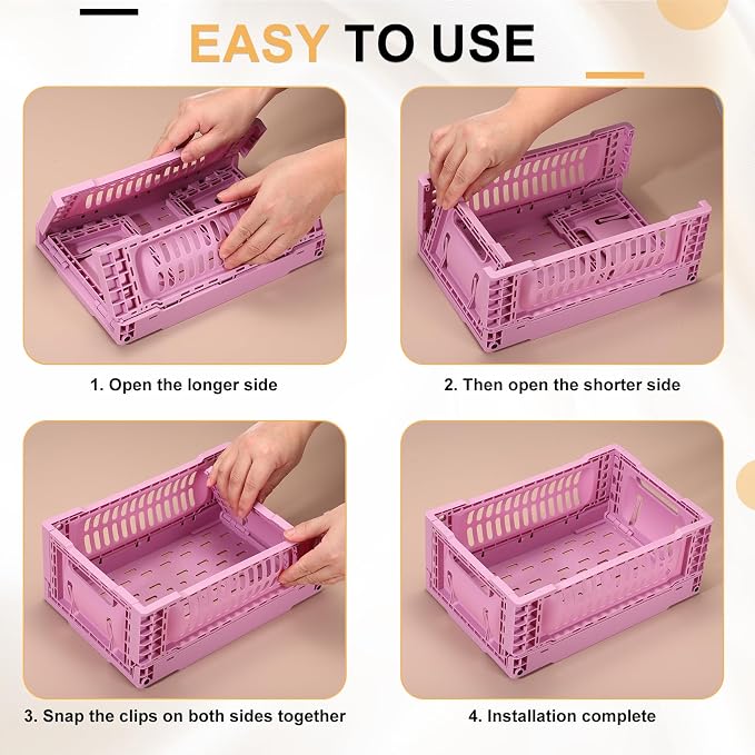 uxcell Collapsible Crates, 11.7x7.8x4.7 Stackable Plastic Storage Baskets with Handle Small Storage Containers for Bedroom Office Classroom Bathroom Desktop Organizer Decor, Soft Yellow