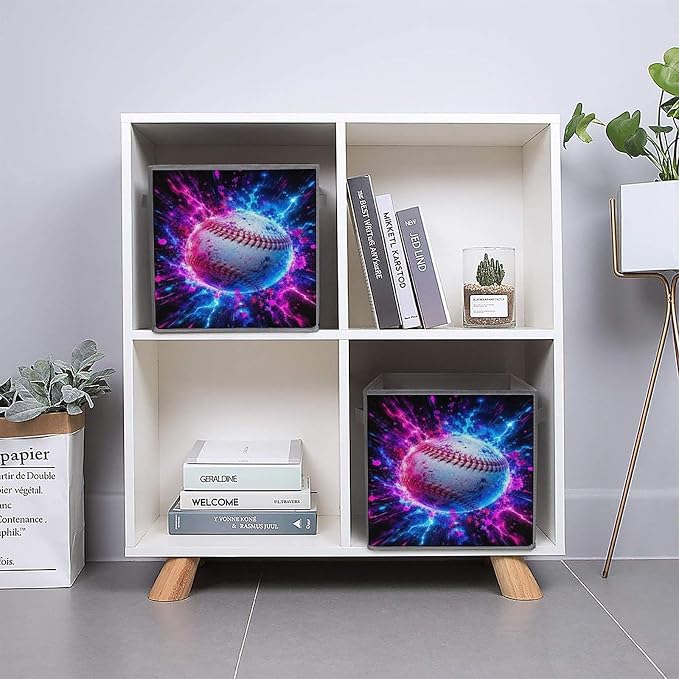 Galactic Baseball Energy Burst Storage Bin with Handles, Oxford Fabric Foldable Storage Cube Organizer for Clothes, Towels, Bedroom, Living Room, Home Organization