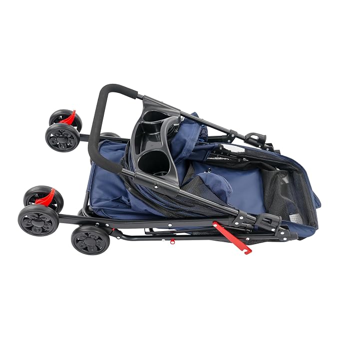 Foldable Pet Stroller with Mesh Windows, 40lbs Capacity Pet Carrier Cart with Locking Wheels, Breathable Cat & Dog Stroller for Small Animals, Foldable Pet Travel Cart for Outdoor (Navy Blue)