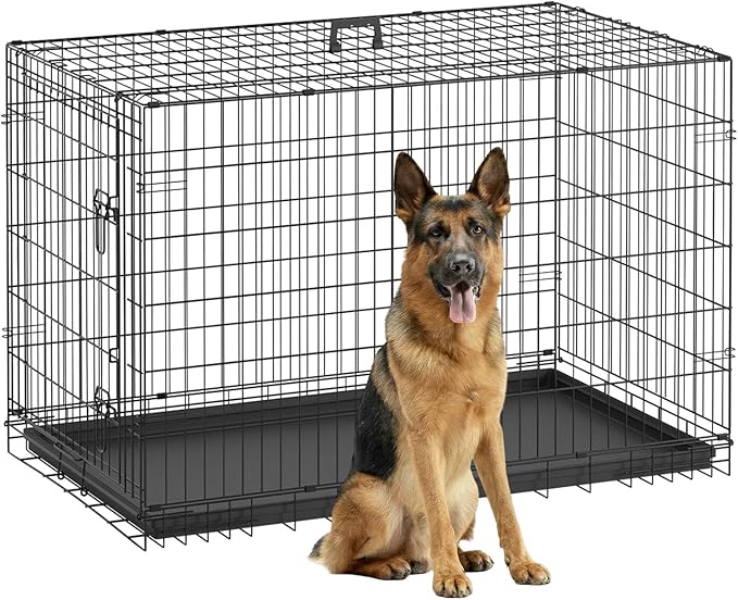FDW Dog Crate 48-Inch Dog Cage Foldable Metal Kennel with Leakproof Tray Foldable Design Indoor Outdoor Use for XL Large Dogs,Dark Black