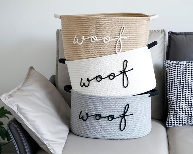 Woof Dog Toy Basket Woven Pet Baskets Storage Bin Box with Durable Handles, Pet Supplies Puppy Bins Perfect for Organizing Dog Toys Blankets and Accessories
