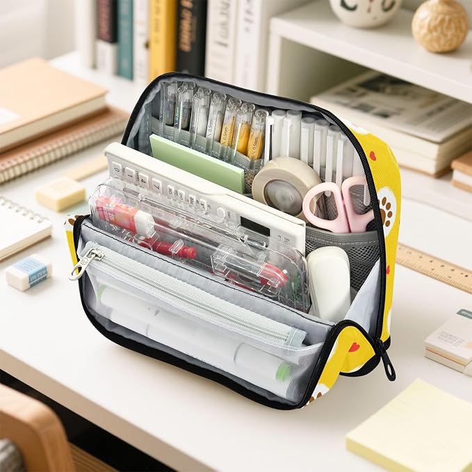 Aslsiy Large Capacity Pencil Case Cute Pet Paws on Yellow (1) Pencil Pouch for Boys Girls Portable Pen Bag Organizer Standing Makeup Bag for School Office Supplies