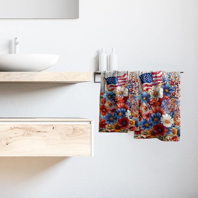 Giwawa 4th of July Hand Towels Patriotic Floral Dish Towels Set of 2 Holiday Soft Absorbent Decorative Fingertip Bath Towel for Bathroom Gym Home