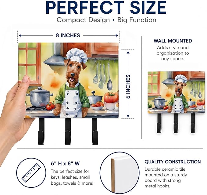 Caroline's Treasures Irish Terrier The Chef Leash or Key Holder Wall Hooks, Key Hooks Holder, Coat Rack Wall Mount, Coat Hooks, Hooks for Hanging Keys, Towels, Aprons, Leashes | Irish Terrier The Chef artwork on ceramic tile with three steel hooks for ...
