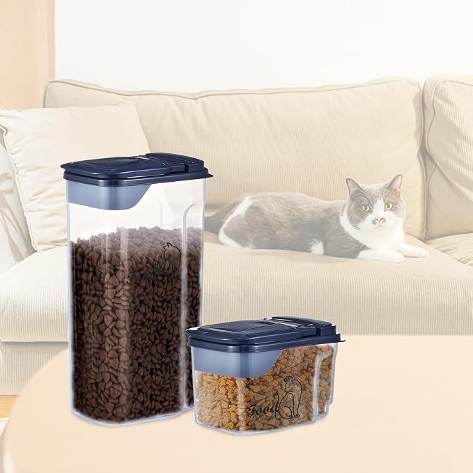 Cat Food Storage Container Combo (4.2QT and 1.6QT),2 Pcs Airtight Pet Food Containers with Pour Spout,Cat Treat Bin with Measuring Cup,Travel Cat Dog Food Container,BPA Free,Easy Grip