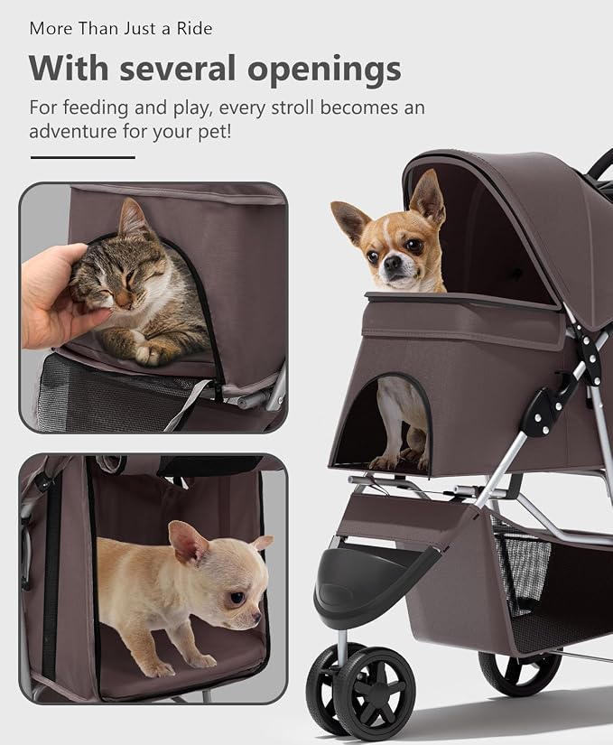 OS MOTOR 3 Wheels Pet Stroller for Small Medium Pets, Coffee | Foldable Carrier Jogger, Rear Wheel Breaks, Storage Basket, Visible Mesh Weather Cover, Portable, Dog, Cat, Puppy, Kitty