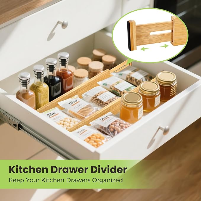 Fyvva Drawer Organizer, Spring-Loaded Expandable Bamboo Dividers 8-Pack | Large Kitchen Drawer Organizer, Adjustable 16.9 to 22.2 in, 2.3in High Non Slip for Kitchen Clothes Bathroom Office Natural