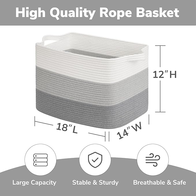 Goodpick 50L Large Woven Storage Basket, 18" x 14" x 12", Gradient Gray | Stylish Gift Basket for Home Decor, Cotton Rope Baskets for Toys & Nursery Essentials, Living Room & Bedroom Organization