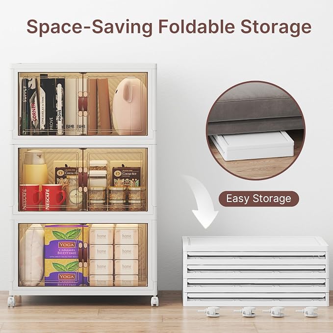 Stackable Storage Bins with Lids, 144QT Lockable Storage Cabinet | Folding Storage Box with Doors and Wheels, Collapsible Plastic Drawers for Home, Garage, Office