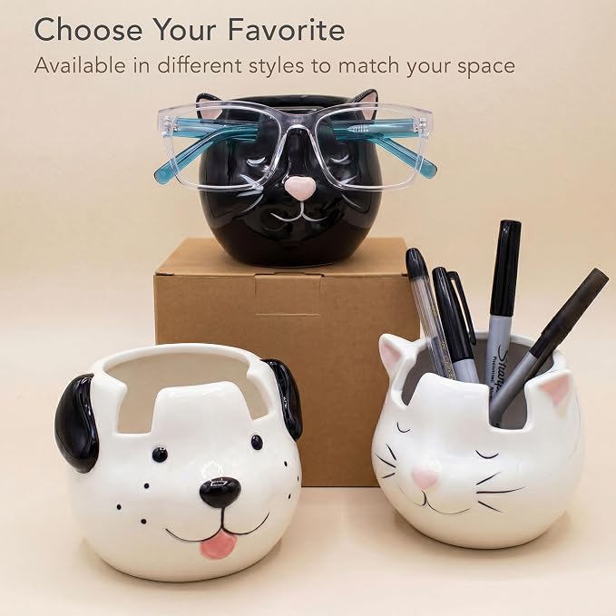 Glasses Holder Stand and Vase - Dog Ceramic Sunglasses and Eyeglasses Stand Gift Display and Decor Organizer for Desk Accessories and Stationery Items (White and Black)