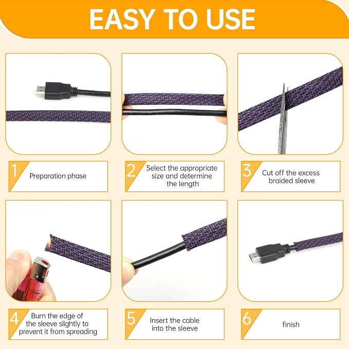 Braided Cable Sleeve, 33ft Expandable Wire Loom for Automotive Wiring Harness & PC Case, Pet-Proof Chew Resistant Cord Protector, Flexible Cable Management (Purple Black, 4mm (5/32"))