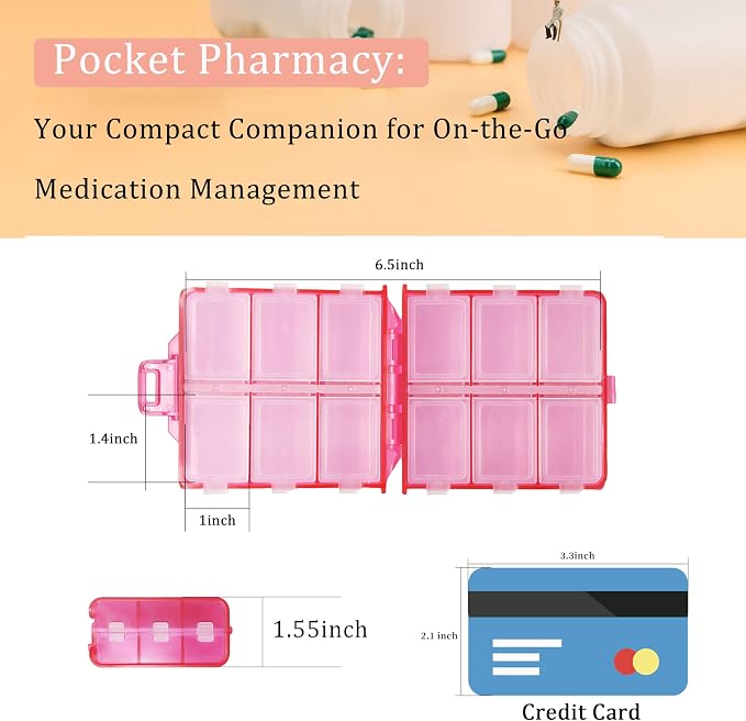 Large Pill Organizer with Medicine Labels, Pill Dispenser 12-Compartment Travel Medication Storage Case, 7-Day Pill Box for Vitamins & Supplements (Pink, 161 Labels)