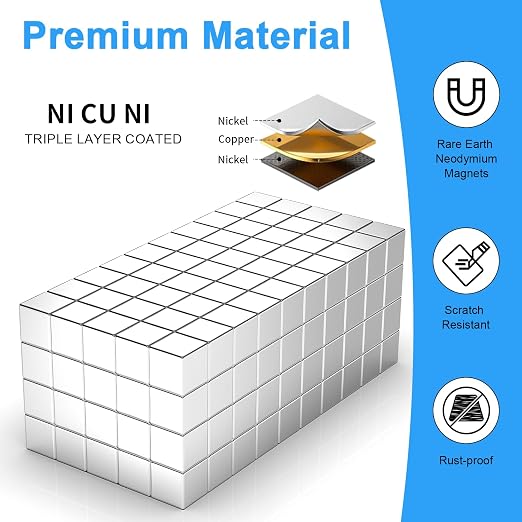 200 Pack 5x5x5 mm Cube Rare Earth Neodymium Magnets | Powerful Small Strong Metal Rectangular Bar Magnetic Strip Magnet for Fridge Garage Kitchen Science Craft Office, Silver