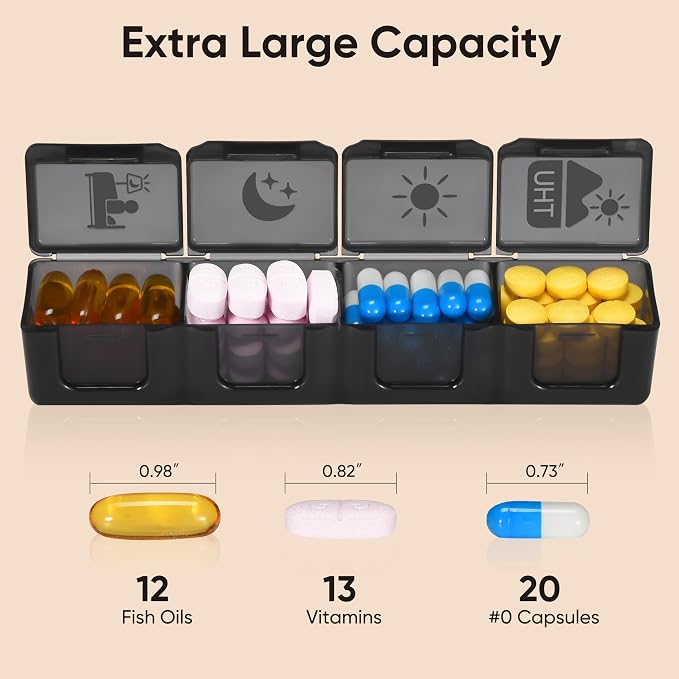 Fullicon Large Pill Organizer 4 Times a Day, 7 Day Pill Box, Black | Each Compartment Holds 12 Fish Oils or 13 Vitamins, Clear Daily Icons, Durable Printing, Easy Open, Secure Snap Lids