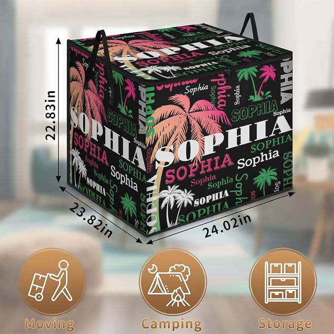 Custom Name Storage Bin with Lid, Personalized Extra Large Pink Green Tropical Palm Tree Black Storage Basket with Handles Zippers for Organizing Comforters, Blankets, Bedding Closet Shelf Baskets