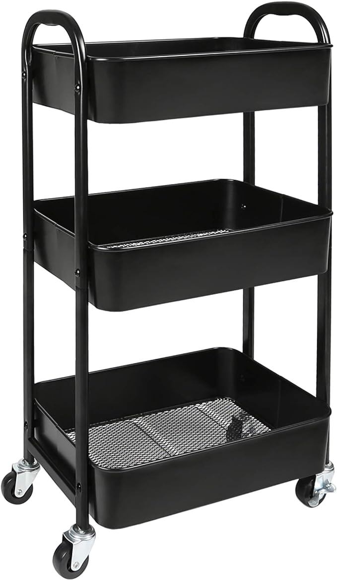 3-Tier Rolling Utility Cart with Caster Wheels Easy Assembly, Black | Easy Assembly, multi-purpose storage trolley for kitchen, rolling cart with smooth caster wheels for bathroom
