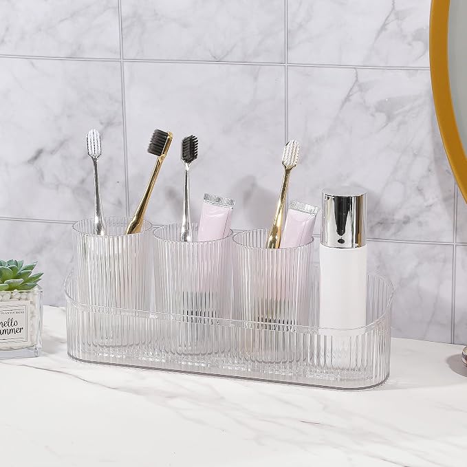DASITON Makeup Brush Holder Organizer with 4 Cup, Vintage Striped Make Up Brush Holder for Vanity, Bathroom Toothbrush Holders, Acrylic Cosmetic Brushes Storage Organizer Pen Holder (Clear+Clear)