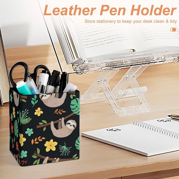 Pen Organizer Pencil Holder, Makeup Brush Organizer Pu Leather Desktop Holder Box Floral Flowers Cute Branch Sloth Desk Decor Accessories