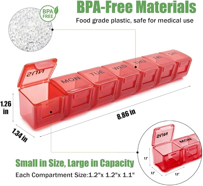 2 Pack Weekly Pill Organizer, Large 7 Day Travel Pill Case (Orange & Red) | Daily Vitamin Case Medicine Box, AM/PM Pill Containers Twice a Day for Medicine Supplements Fish Oil, Portable & Durable