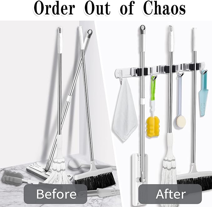 AceMining Broom Holder Wall Mount, 3 Racks 4 Hooks Heavy Duty Mop Organizer | Mop Holder Wall Mount and Broom Hanger for Garage, Laundry Room, Kitchen and Utility Storage
