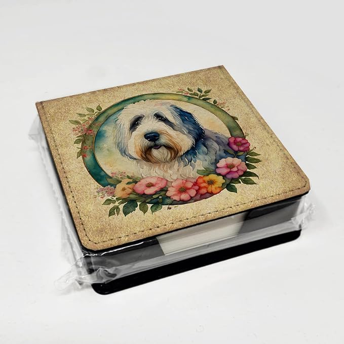 Caroline's Treasures Old English Sheepdog and Flowers PU Leather Note Paper Holder with Artist-Designed Cover, Desk Accessory, Office Gift