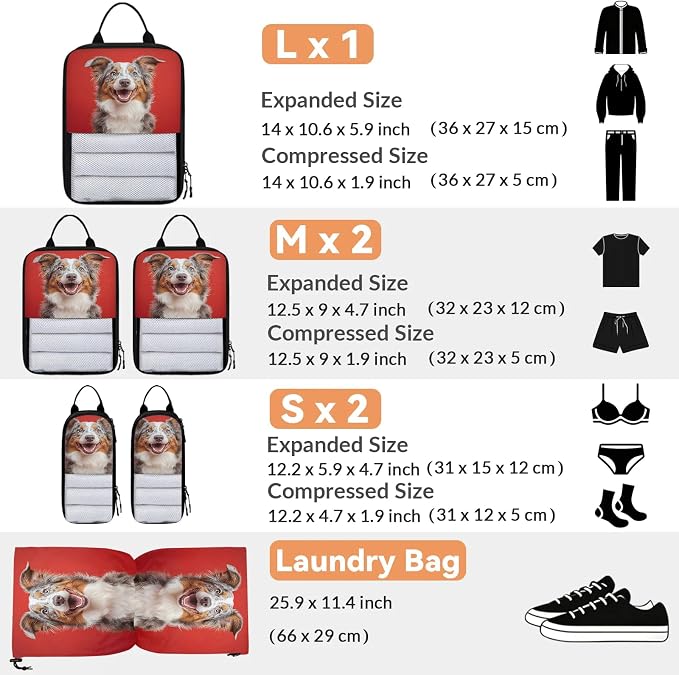 Funny Dog 6 Set Compression Packing Cubes Dog Pattern Expandable Packing Organizer for Travel Accessories Luggage Suitcase Bag