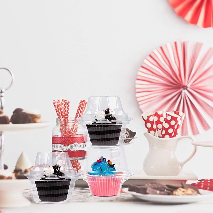 NPLUX 150 Pack Individual Cupcake Containers Plastic Cupcake Box Stackable | Individual Plastic Boxes, Holders, Stackable Shape, Deep Cover, Carrier Use, for Weddings, Bulk Prep, Events