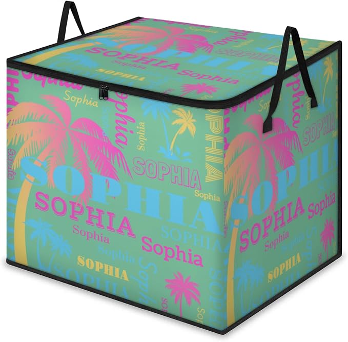Custom Extra Large Storage Baskets Named with Lid, Personalized Storage Bins Basket Boxes Handles for Clothes Blanket Bedroom Closet Organizing Toys Shelves, Pink Blue Yellow Trees Names Mint Green