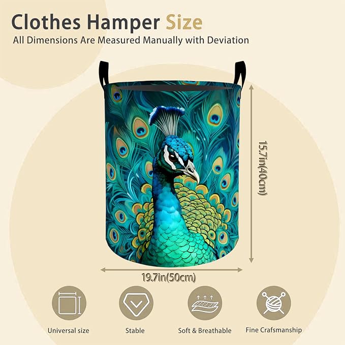 Peacock Laundry Basket Hamper for Boys Girls Kids Adults, Foldable Waterproof Oxford Clothes Storage Bin, Colorful Bird Organizer for Bedroom Bathroom Room Decor 19.7"x15.8"
