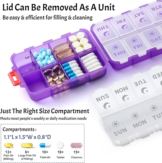 Foldable Weekly Pill Organizer 2 Times a Day with 2 Extra Compartments - Etched Labels - Portable 7 Day AM PM Medicine Box, Week Daily Travel Pill Case Holder for Vitamin, Supplement -Clear Purple