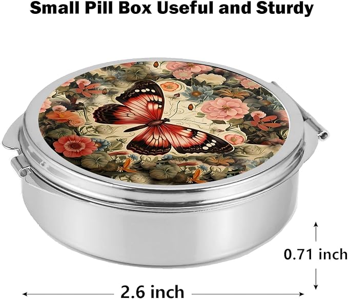 Small Pill Box 3 Detachable Compartments Pill Case with Mirror 2.4inches Pocket Round Medicine Organizer, Mini Portable Pill Organizer for Pocket Purse& Travel Convenience-Butterfly Flower Red