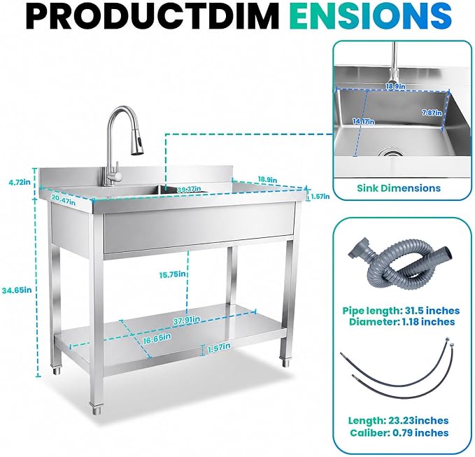 Multi-Use Utility Sink, 304 Stainless Freestanding Sink | All-in-one wash & storage design, suitable for backyards, farms, salons and pet grooming stations.