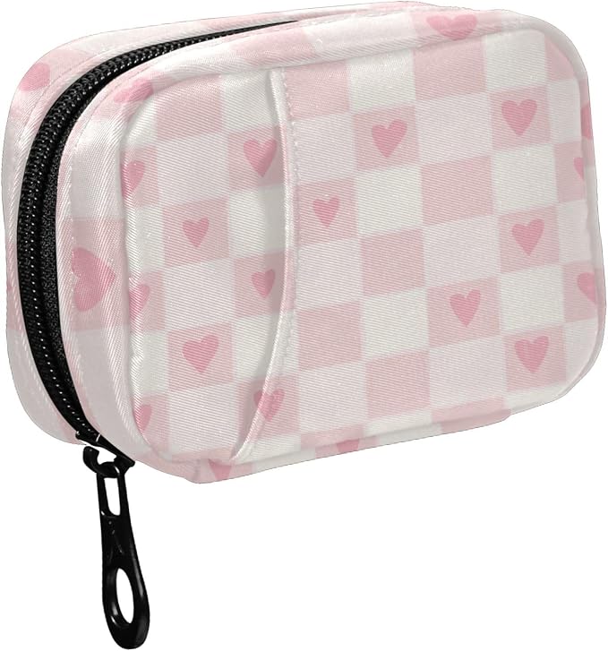 Fustylead Hearts on Pink and White Checkered Travel Pill Organizer Bag with Zipper Small Pill Box 7 Day Pill Case for Purse Storage Weekly Vitamin Medicine Supplement