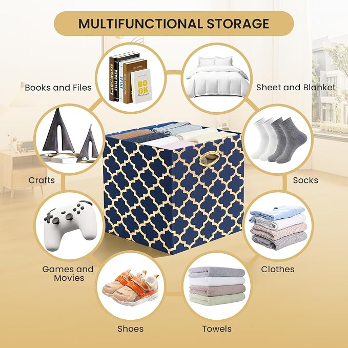 Posprica 13x13x13 Storage Cube Bins, Collapsible Storage Bins Fabric Storage Cubes Organizer Baskets Box Drawers for Shelves, Closet, Wardrobe, Bookshelf Blue/Gold Lantern, 4 Pack