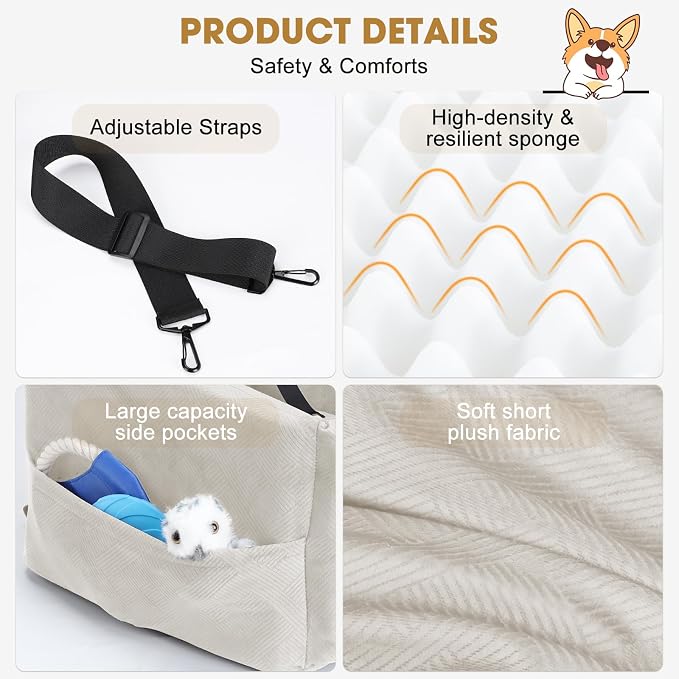 JOEJOY Dog Car Seats for Small Medium Dogs Under 35lbs, Dog Booster Seat with Detachable Washable Cover and Cushion, Memory Foam Pet Car Seat with Safety Belt and Storage Pockets (BGE)