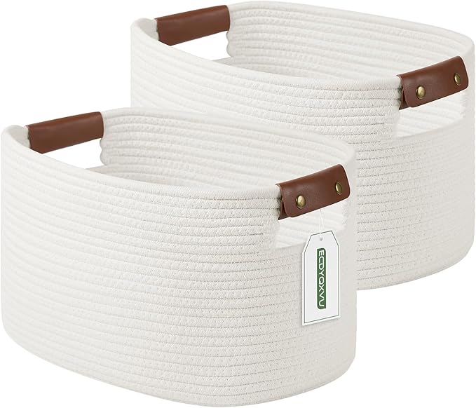 ECDYQXVU 15x10x9 Woven Cotton Rope Storage Basket, Leather Handles 2 Pack | Foldable Design, Sturdy PU Handles, Easy to Clean Organizer for Living Room, Closet, Shelves, Bedroom, Laundry, Clothes