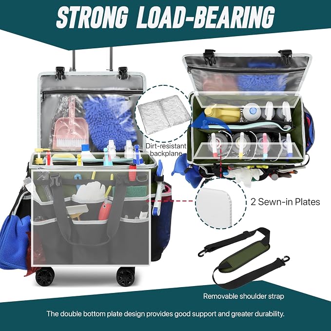 Large Rolling Cleaning Caddy Bag with Detachable Trolley, Full Support Plates for Professional Cleaning Supplies Bag, Organizer Bag with 4 Universal Wheels for Housekeepers, Car Wash (Green)
