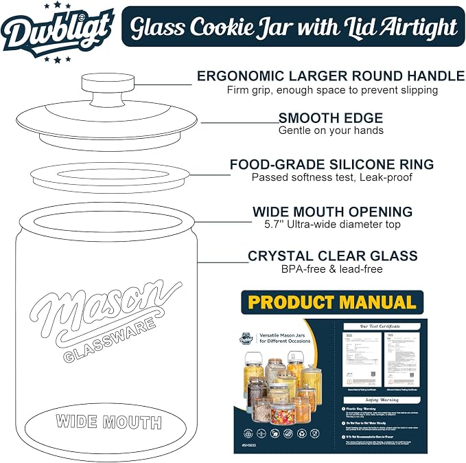1 Gallon Glass Cookie Jar with Airtight Lid for Sourdough Starter | Large Wide Mouth Mason Jar for Baked Goods, Glass Storage Container for Pantry Organizer, Laundry Room, Flour, Dog Treats