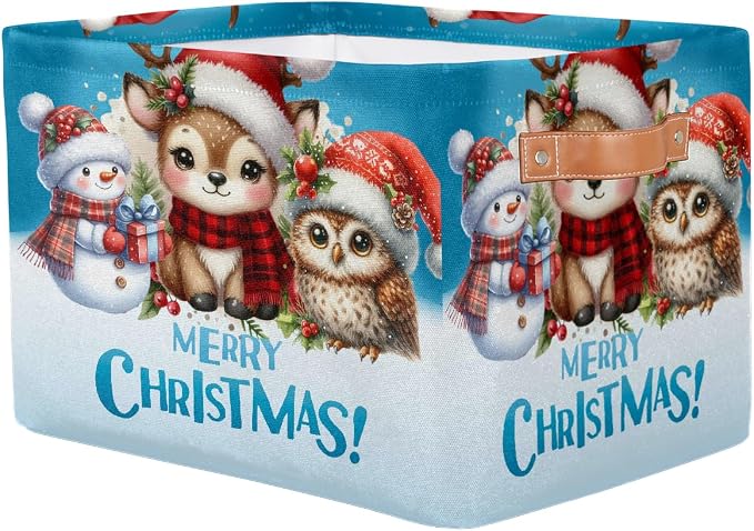 Pardick Christmas Reindeer Snowman Basket Storage Bins Large Fabric Toys Storage Cube Box with Handles Collapsible Closet Shelf Cloth Organizer Basket for Nursery Bedroom Bathroom Holiday Gift