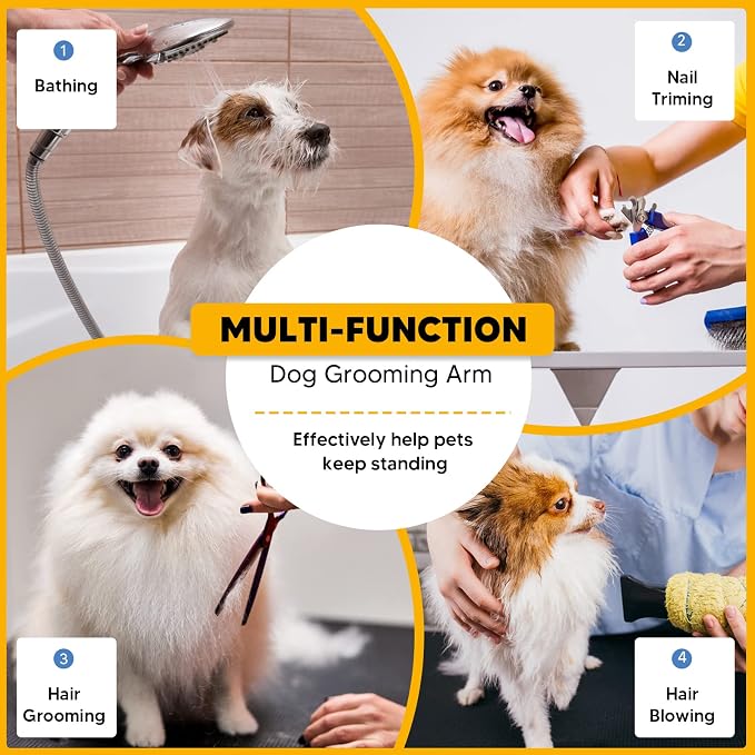 Adjustable Dog Grooming Arms for Small Medium Dogs | Anti-Slip Powerful Metal Clamp, Portable for Table, 1 Loop Noose, Two No Sit Haunch Holder, Grooming Restraint for Home